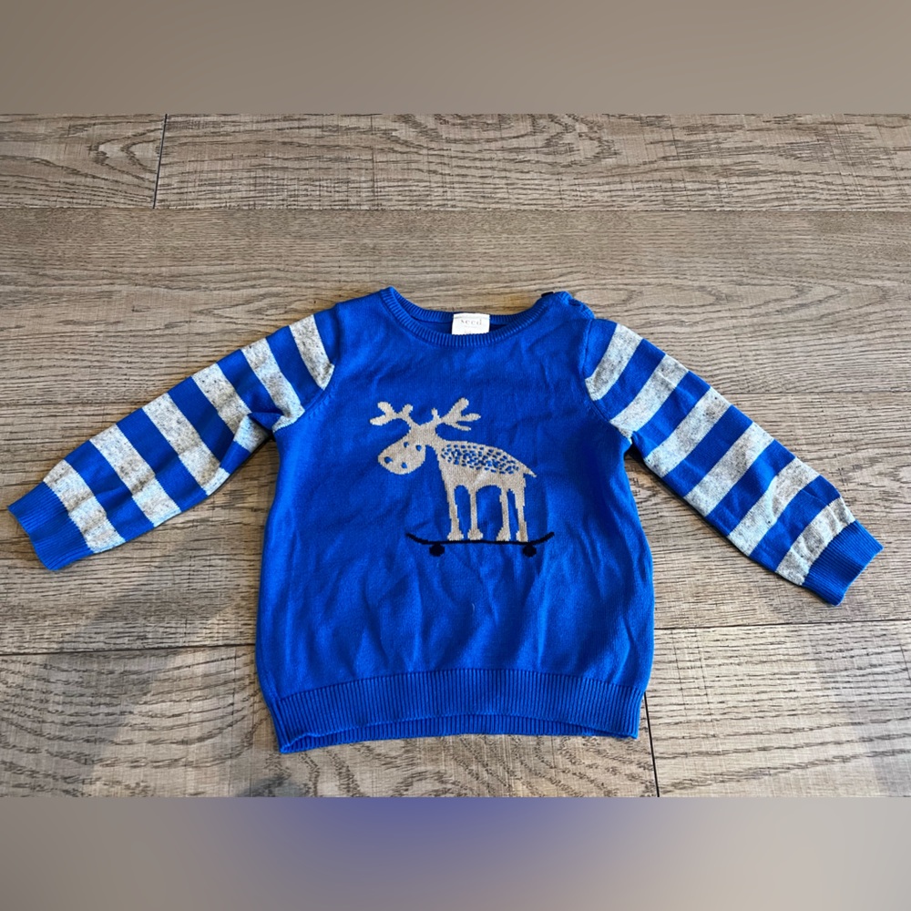 Seed cotton sweater with reindeer riding skateboard 12-18 months